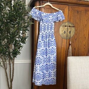 Hill House Blue Floral Off-Shoulder Midi Dress